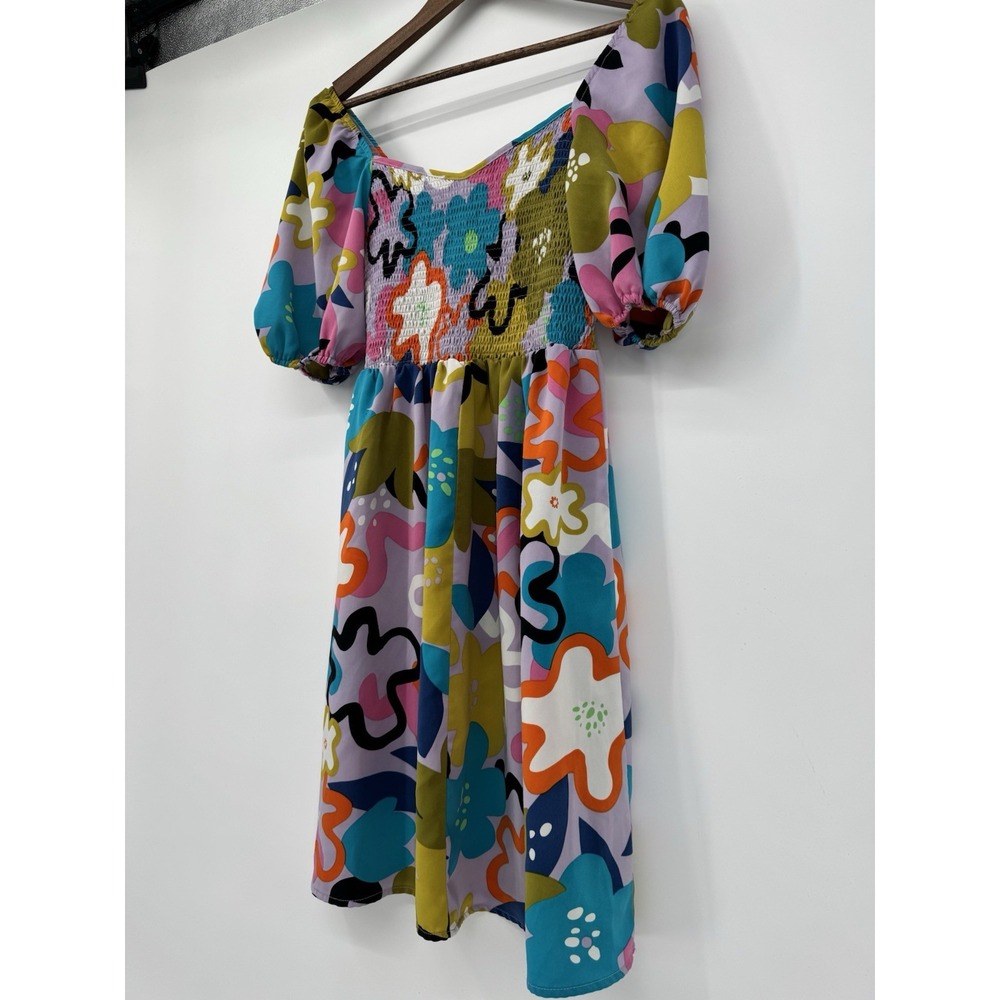 Retro Mod Floral Mini Dress Smocked Bodice Puff Sleeve Colorful Groovy 70s - Picture 7 of 13